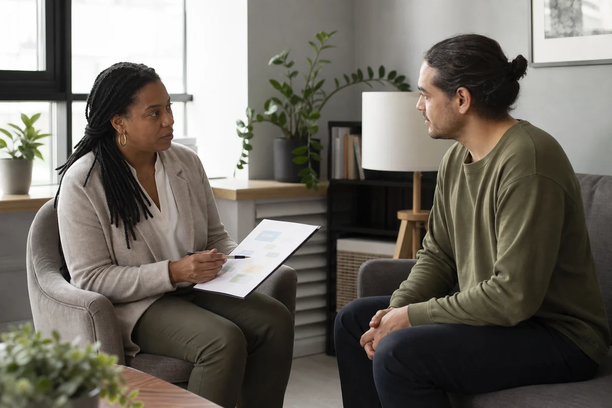 A therapist and patient discuss affordable sliding-scale care options.