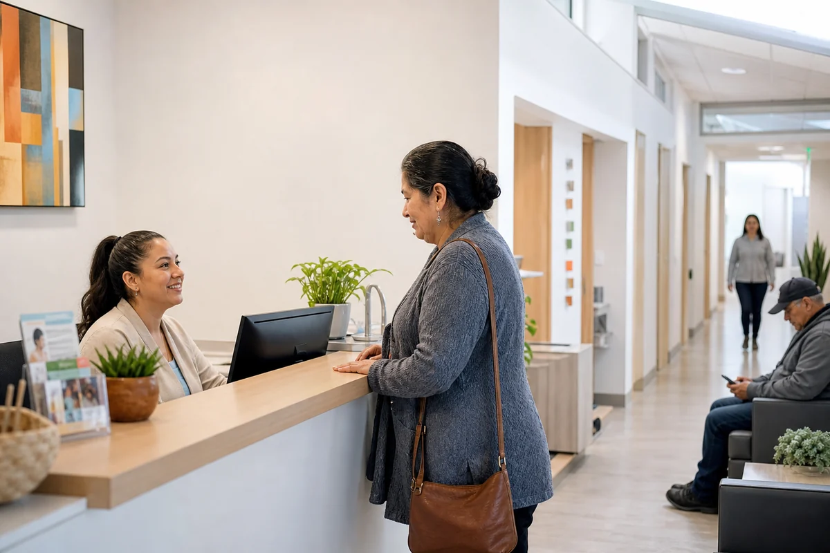 A patient checks in at a community health center offering affordable care.
