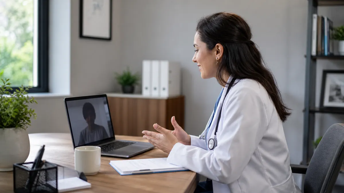 Primary care physician conducting a telehealth follow-up from a clinic