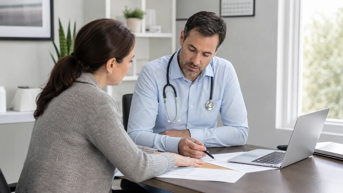 Physician and practice manager reviewing a membership practice financial plan