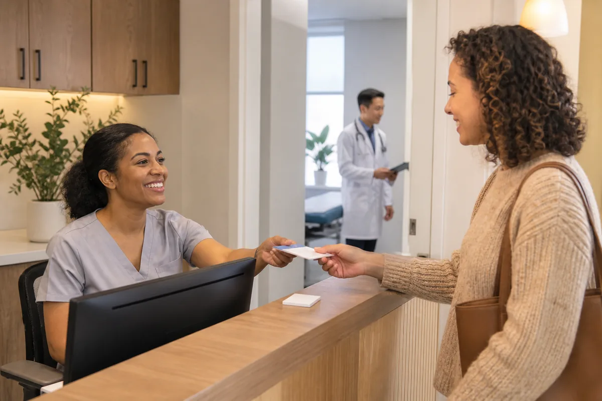 A new primary care clinic welcomes an early patient at reception.