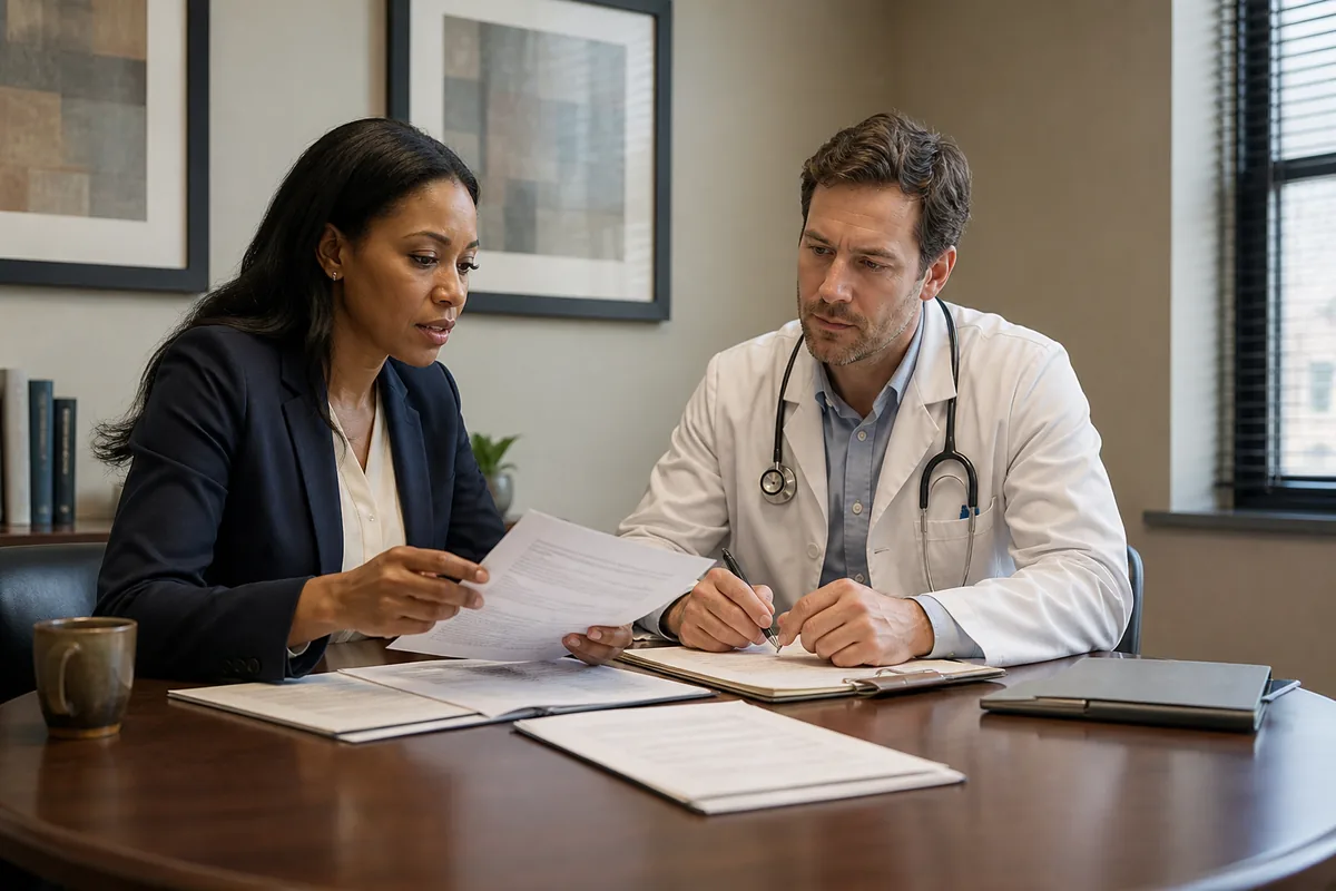 A physician reviews licensing and credentialing documents with a healthcare adviser.