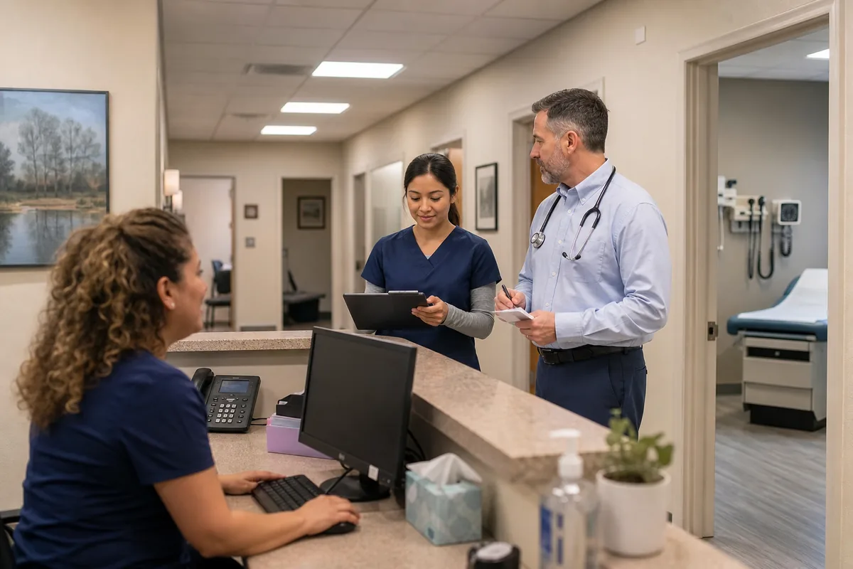 A small primary care team rehearses patient check-in and rooming workflows.
