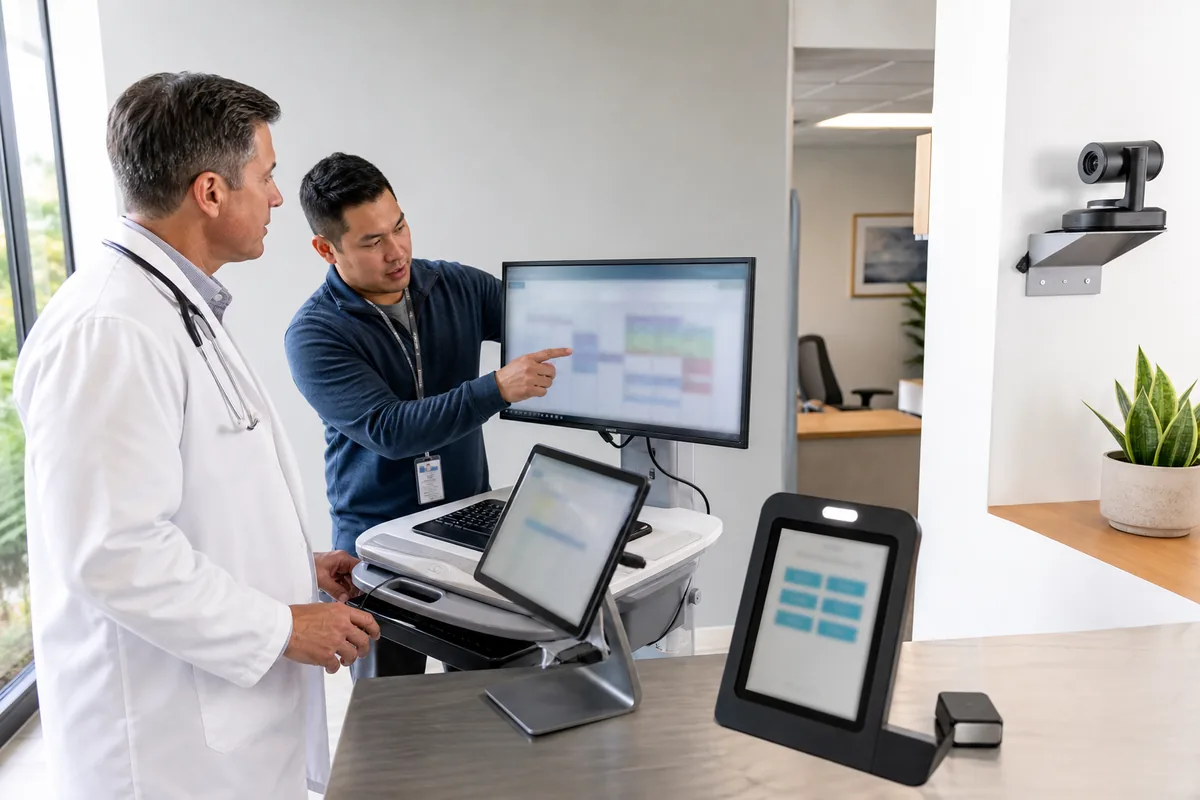 A physician and IT specialist configure systems for a new primary care clinic.