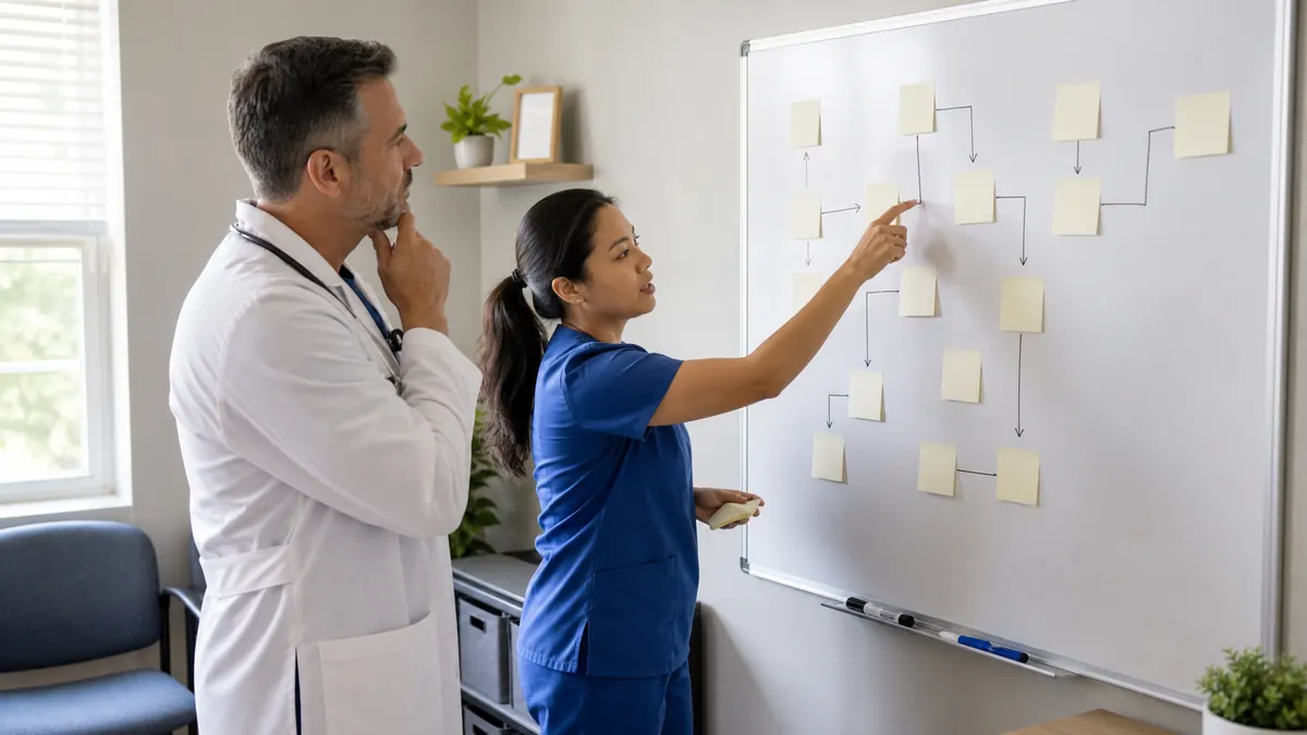 Primary care physician and medical assistant mapping a clinic workflow