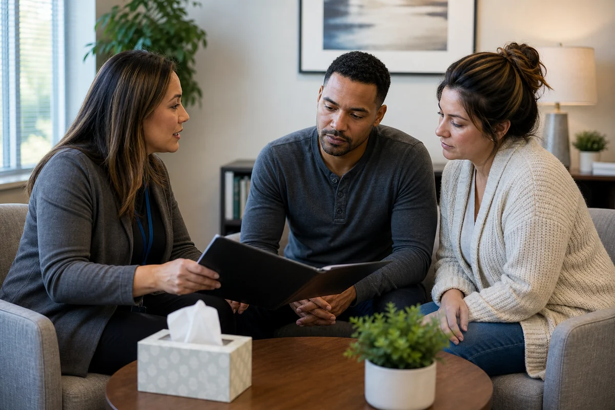 A care coordinator reviews a higher-acuity mental health treatment plan with a patient and caregiver.