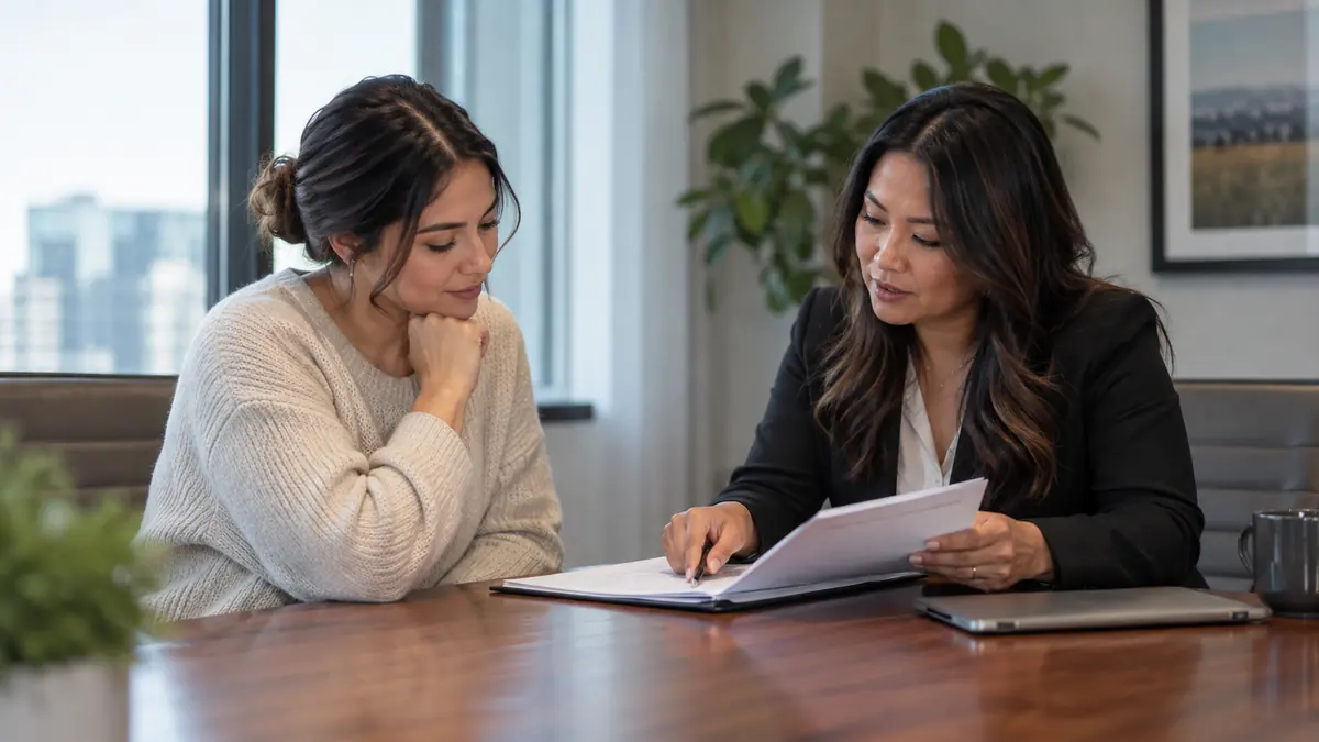 Employee and human resources representative reviewing an FMLA request