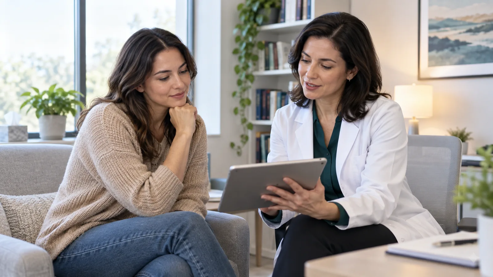 Patient and psychiatrist reviewing a mental health treatment plan