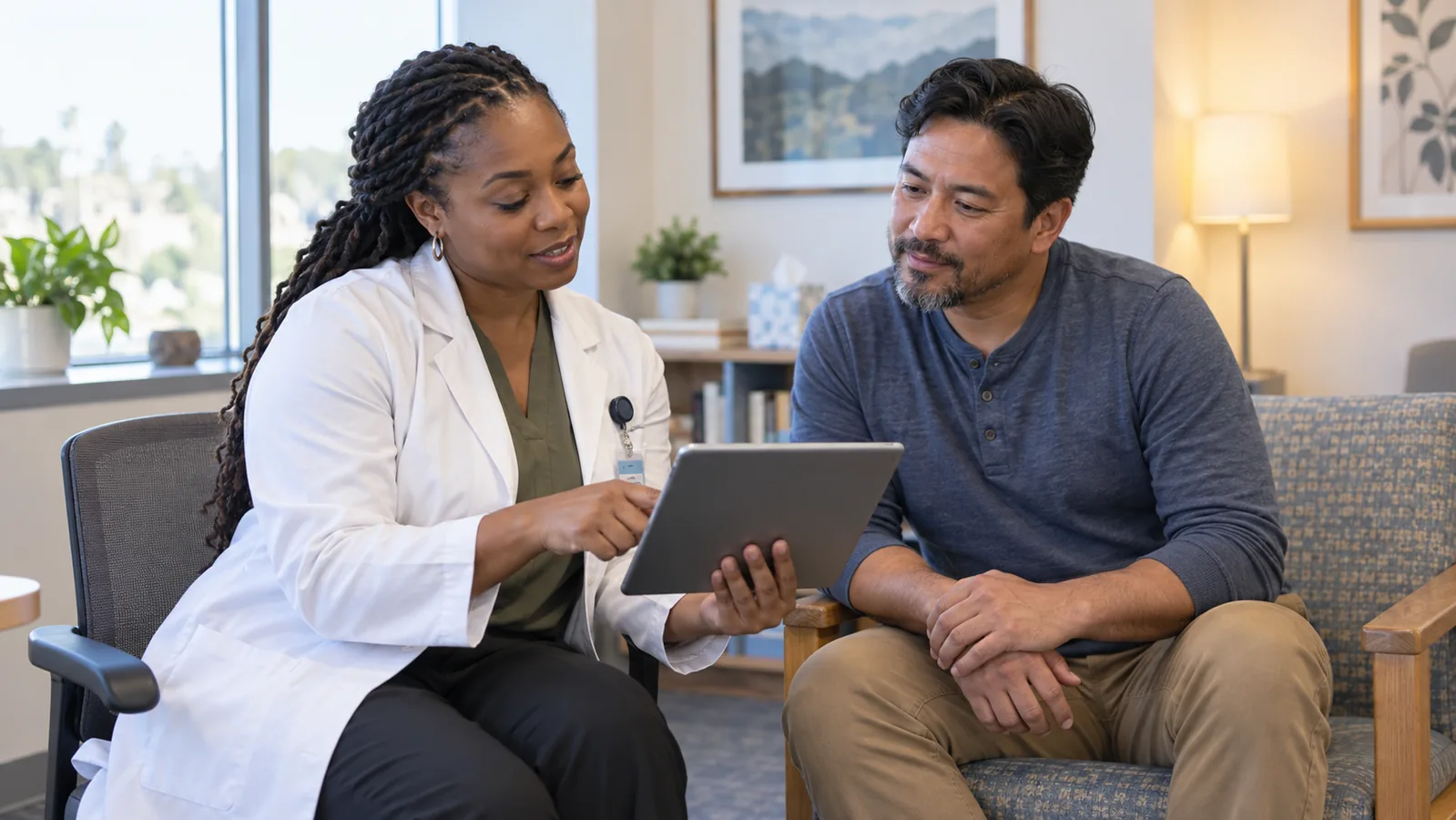 Psychiatric nurse practitioner reviewing medication with a patient