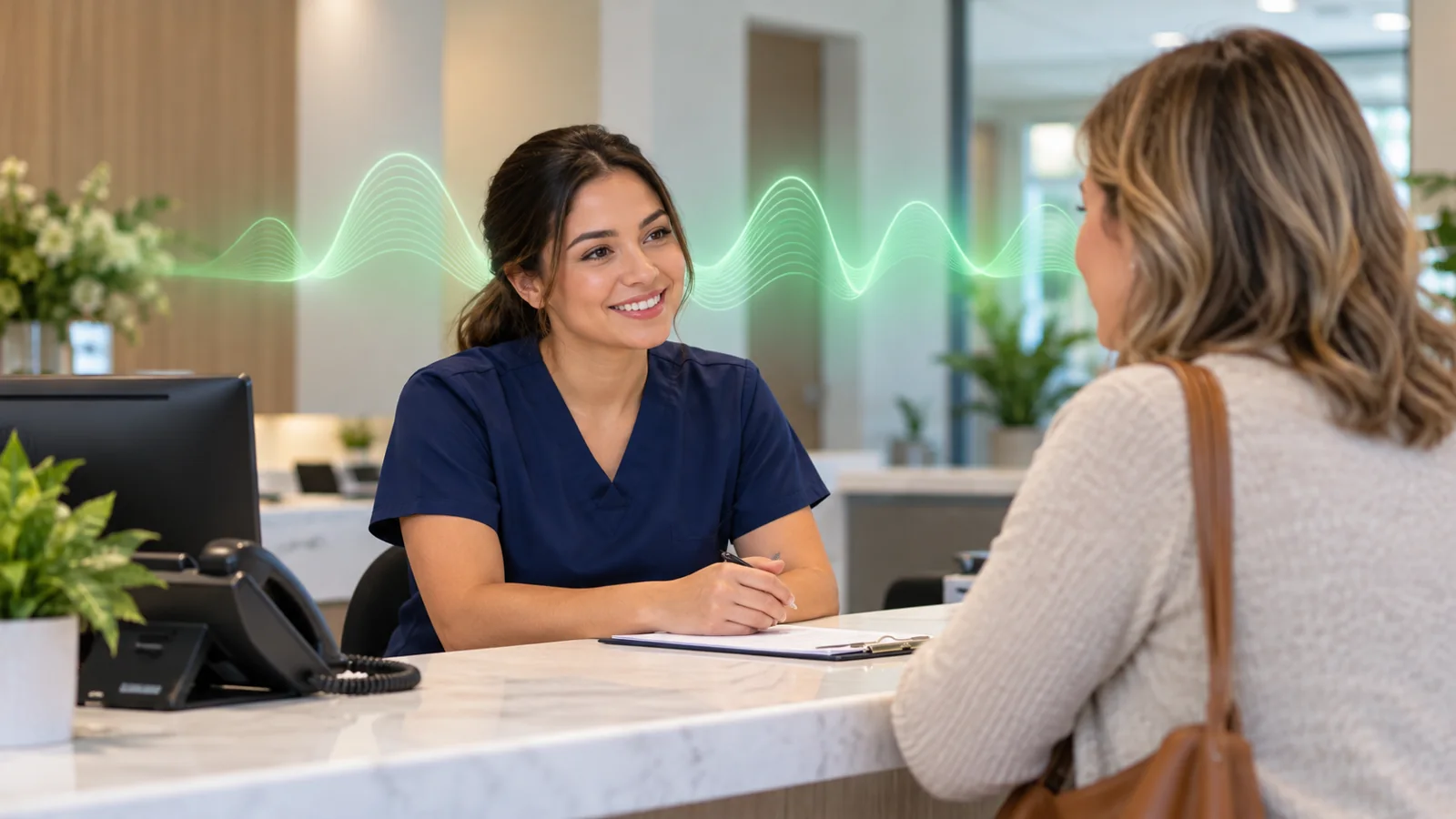 Receptionist giving a patient her attention with an illustrative AI voice waveform