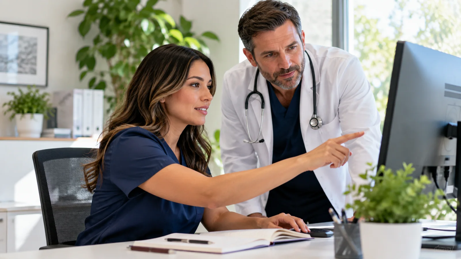 Medical receptionist and physician collaborating on appointment workflows