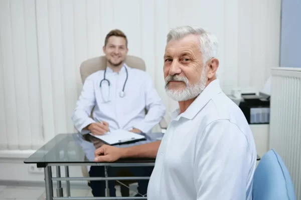 Primary care practice doctor meeting with a patient in an office